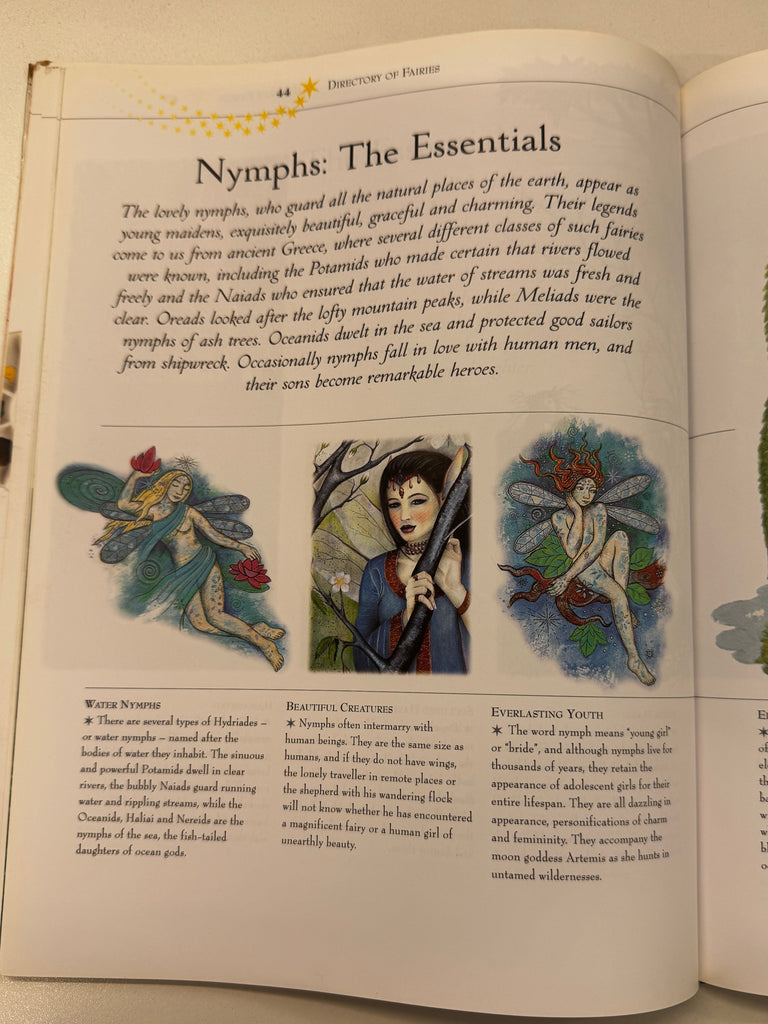 Open book with illustrations of fairies and text on a white background