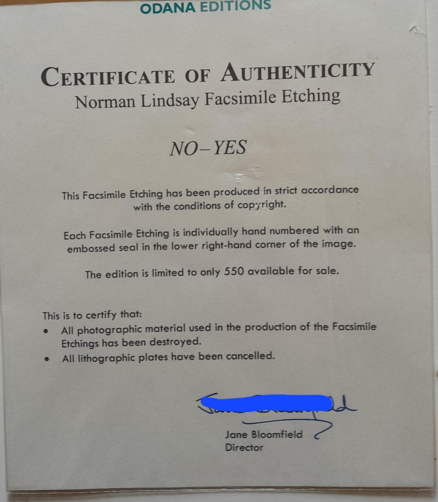 Norman Lindsay No-Yes Facsimile Etching framed