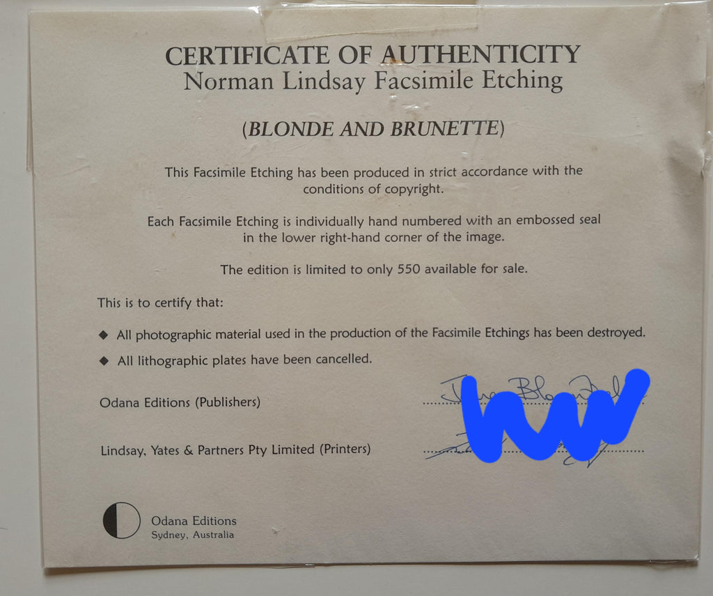 Blonde and Brunette Facsimile Etching Framed