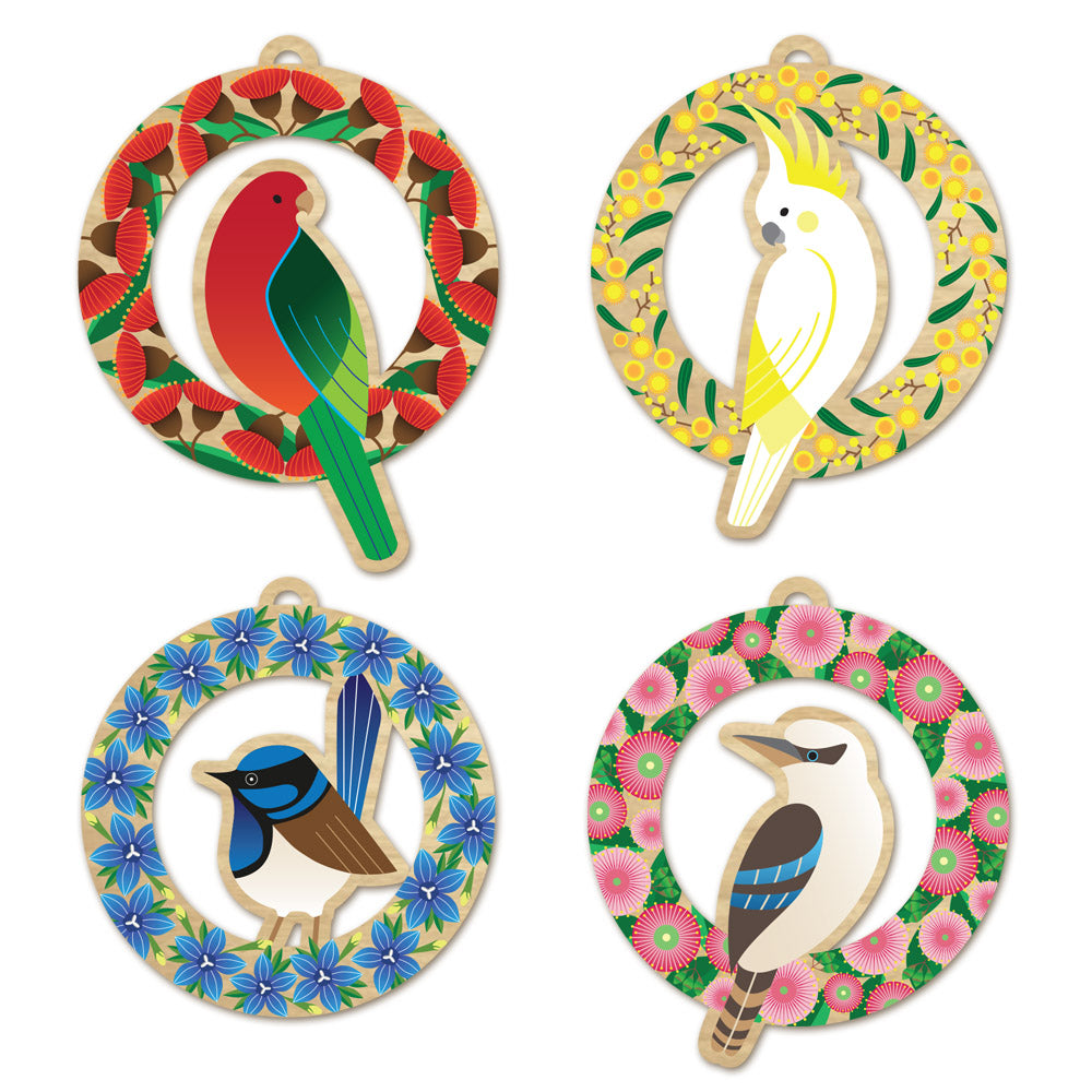 Timber Native Birds Chrissy Decorations Set of 4