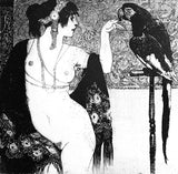 Norman Lindsay lady and Parrot facsimile etching