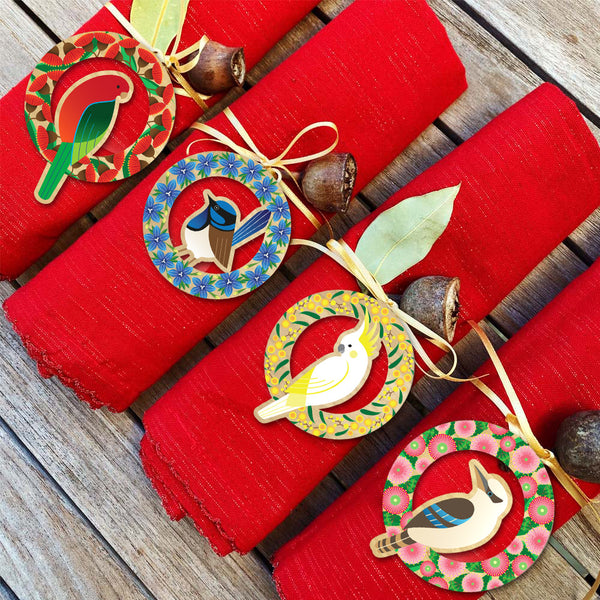 Timber Native Birds Chrissy Decorations Set of 4